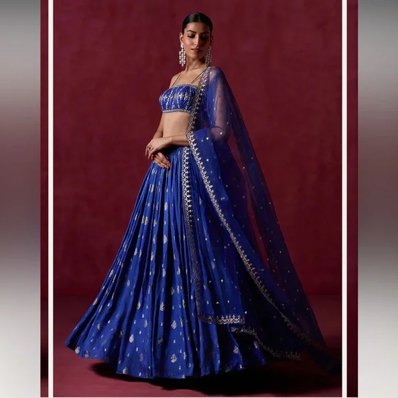 Elegant Royal Blue Embroidered Lehenga - Picture 3 of 13
